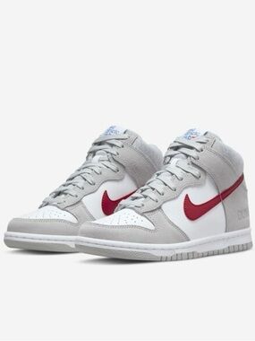 Nike High-Top Sneakers in White, Light Gray & Red